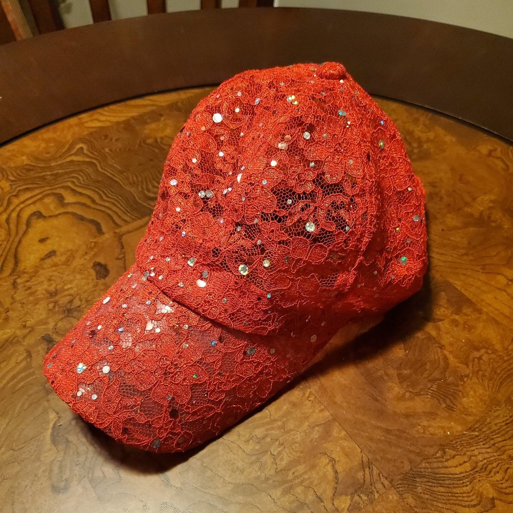 Very sparkly lace ballcap - Red - With Adjustable Velcro Band